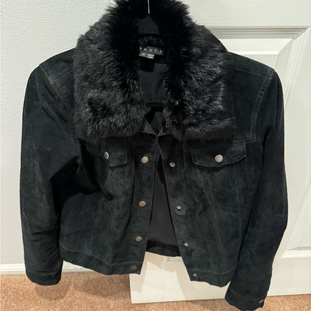 Theory Black Suede Jacket with fur collar